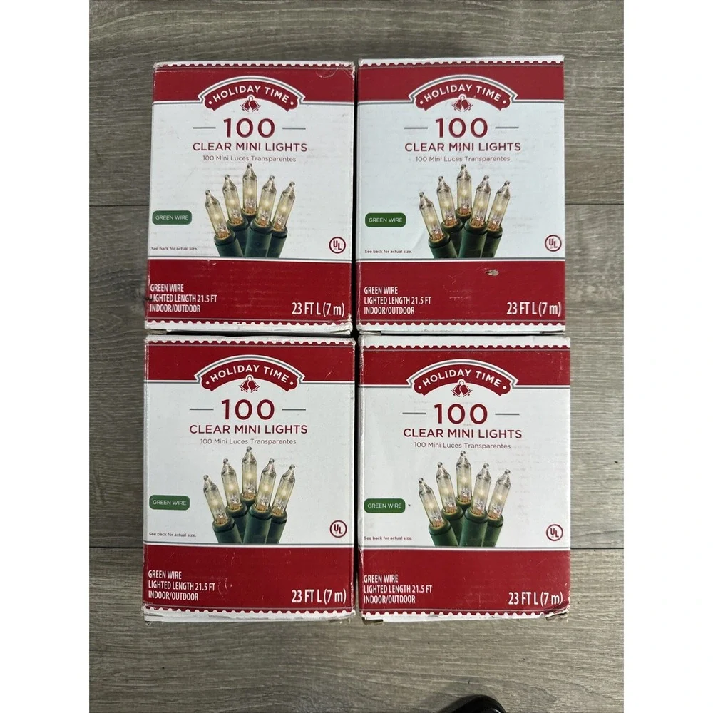 Christmas Holiday Time 100 Clear Mini Lights Green Wire 23 FT (7 m) Lot of 4 New